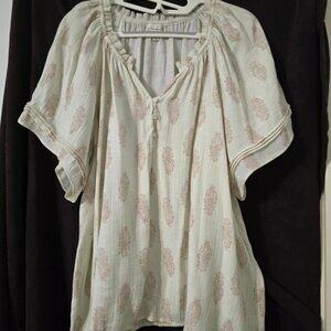 XL Wonderly Women's Short Raglan Wide Sleeve Peasant Blouse Top Sage & Beige